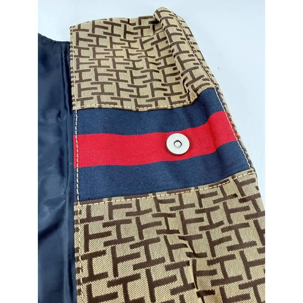 Tommy Hilfiger Monogram Wristlet Clutch Wallet Brown Canvas Red Blue Stripe